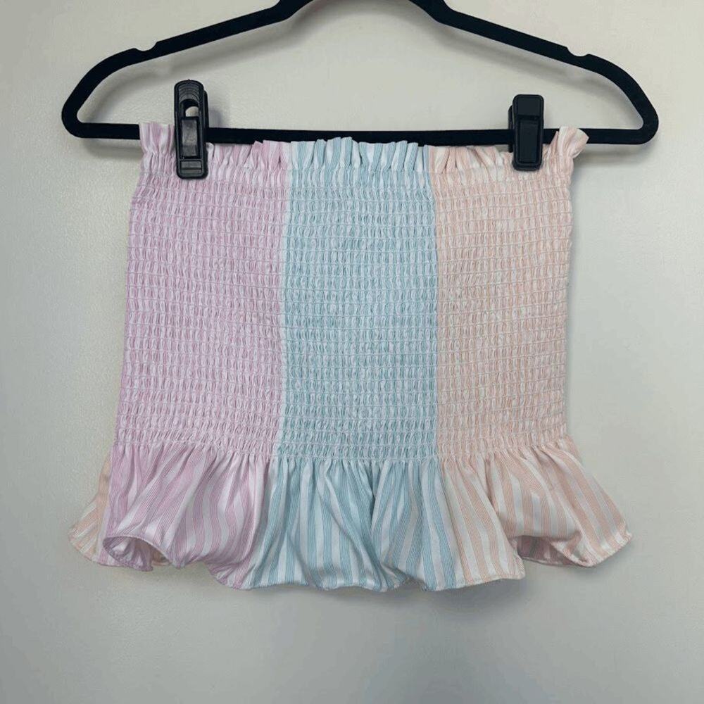 Petersyn Pastel Colorblock Smocked Strapless Ruffle Crop Top - Picture 3 of 7